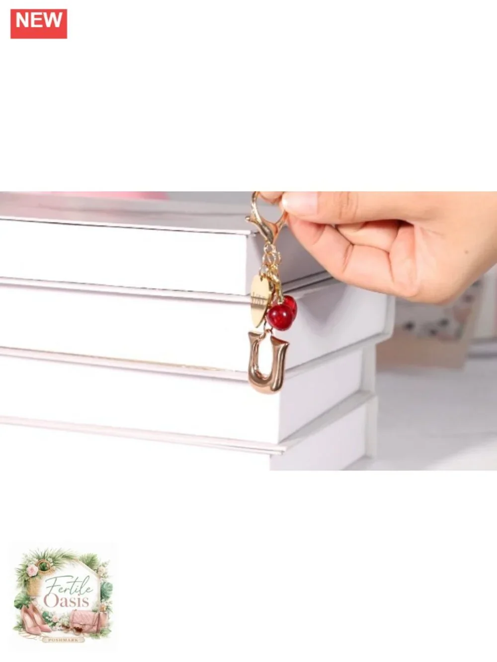 Gold Initial Cherry Keychain for Women Purse Charm Handbag Accessory Gift